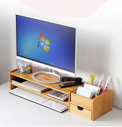 Woodluv Bamboo PC Laptop Monitor Riser Screen Stand Study Table Desk Monitor Tidy Organizer with 2 Shelves, 1 Drawer & Dedicated Stationary Slots