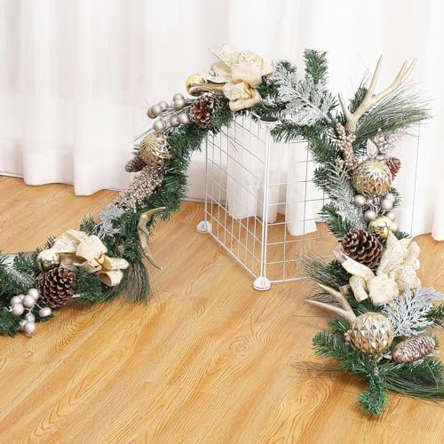 6 Ft Pre-Lit Christmas Garland, Battery Operated Xmas Garland with 20 LED Lights, Pine Cones, Berries, Bows, Gold Balls for Front Door Fireplace Mantel Stairs Table Decor