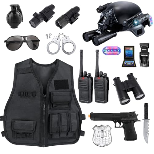 KalaDuck Polizei Kostüm Kinder, 14Stück Polizei Zubehör mit SWAT Helm,...