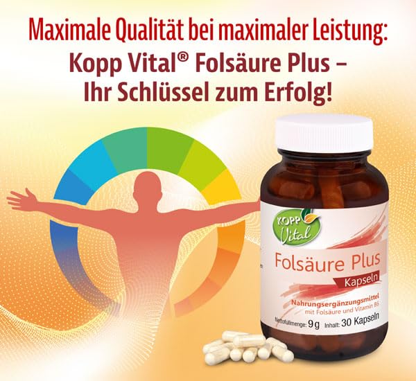 KOPP Vital® Folsäure Plus | 30 Kapseln | 9 g | Maximale Qualität | Nahrungsergänzungsmittel | Hochwertiges Akazienfaserpulver | Vitamin B6