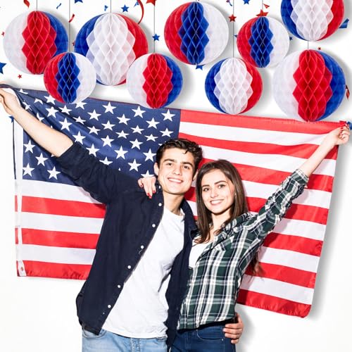 Image of Dunzoom 12 Pcs 250th Anniversary 4th of July Decorations Set 6 inch 8 inch 10 inch 12 inch Patriotic Honeycomb Balls Blue White Red Hanging Round Tissue Paper Pom Poms for Independence Day Memorial Party Decor