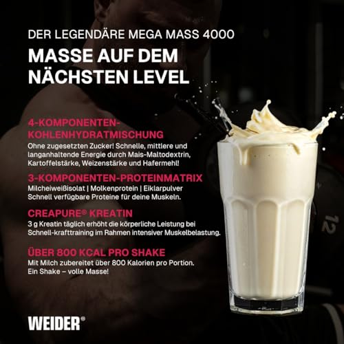 ideal für Muskelaufbau-Shakes mit 48g Protein pro Portion (112 Zeichen). - Detailansicht von Weider Mega Mass 4000...
