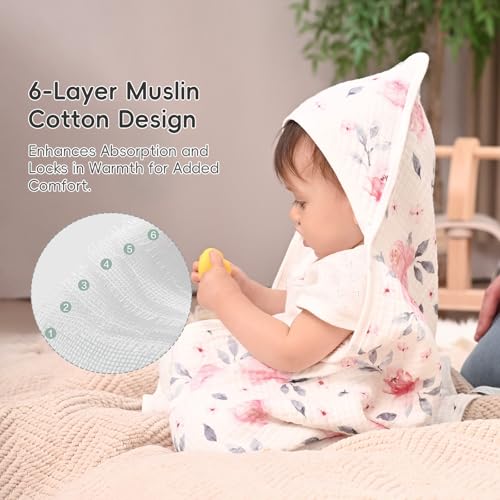 Image of PHF 100% Muslin Cotton Baby Hooded Towels, 2 Pack Bath Towel with Hood for Newborn, Infant, Toddler, Ultra Soft and Absorbent Baby Bath Essentials, Shower Gifts for Girls, 32x32Inch, Pink Floral
