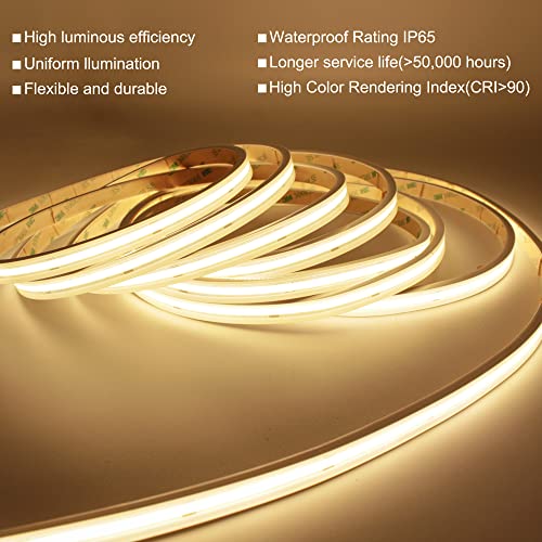 Cob Led Strip Light Water-Resistance Ip65, Dc24V Waterproof 16.4Ft Flexible Led Lights 480 Leds/M Tape Warm White 2700K Cri90+ Without Dot For Home, Bedroom, Kitchen (Power Adapter Not Included). #TOP1