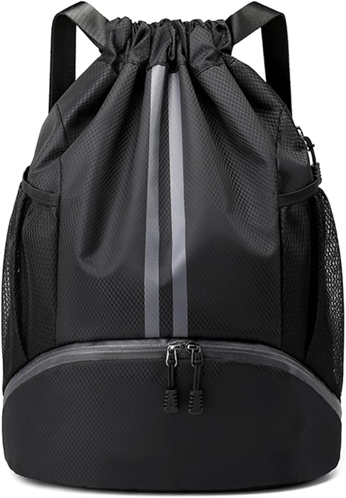 Mochila de ginástica com cordão e compartimento para sapatos – ideal para basquete, natação, atividades na praia, unissex, preta