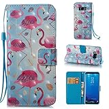 Galaxy S8 Wallet Case,Firefish Double Layer Luxury Leather Cover with Magnetic kickstand Closure Folio Cover Flip Wallet Case Card Holder and Cash Pocket for Samsung Galaxy S8 (5.8 Inch)-Blue Flamingo