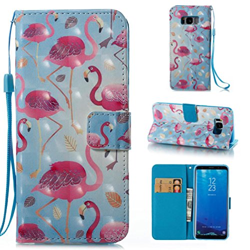 Galaxy S8 Wallet Case,Firefish Double Layer Luxury Leather Cover with Magnetic kickstand Closure Folio Cover Flip Wallet Case Card Holder and Cash Pocket for Samsung Galaxy S8 (5.8 Inch)-Blue Flamingo