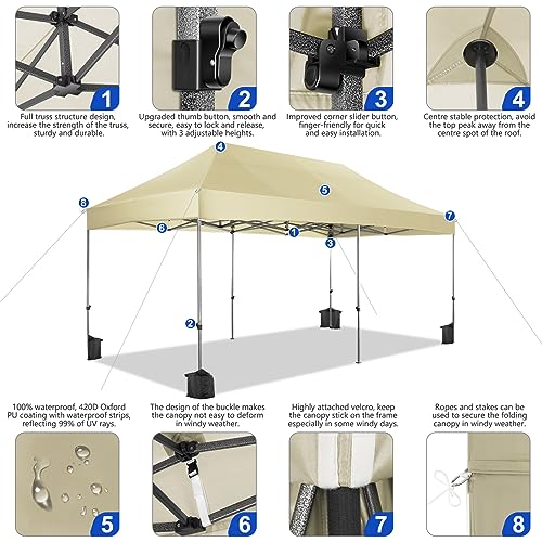 Image of COBIZI 10x20 Heavy Duty Pop Up Canopy Tent with 6 Sidewalls Thicken Frame, Commercial Easy Up Outdoor Wedding Party Tents, All Season Waterproof Windproof with Stakes Sandbags Ropes Roller Bag, Khaki