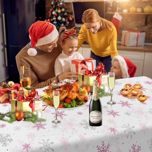 Image of Labeol 3 Pack Christmas Tablecloth, 108 x 54 inch Pink Snowflake Tablecloth for Table Decorations, Waterproof Disposable Plastic Rectangle Table Cover for Christmas Winter Holiday Party Supplies