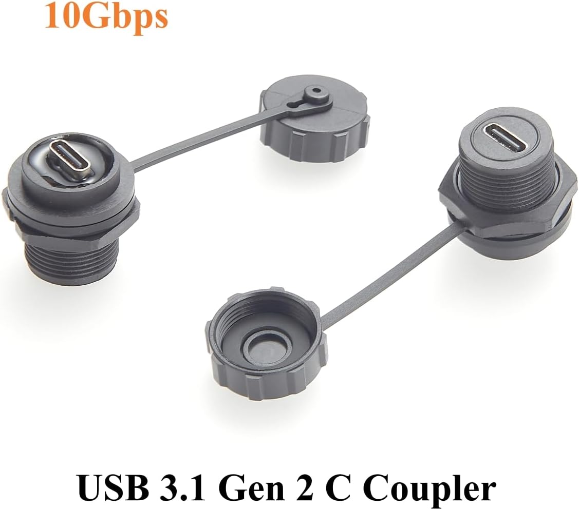IP67 Waterproof USB 3.1 Type C Flush Panel Mount Coupler 10Gbps USB C Female to Female Bulkhead Pass Through Connector Threaded Fixed Recessed Charging & Data Adapter with Dust Cap (5PCS)