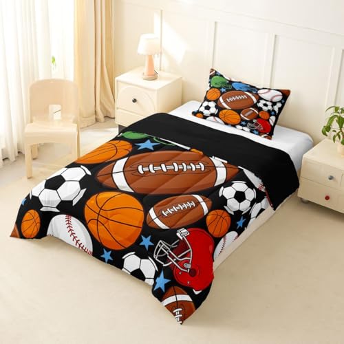 Image of Feelyou Football Kids Comforter Set Toddler Size Basketball Sports Bedding Set Soccer Ball Game Duvet Quilt for Kids Boys Girls Bedroom Black Baseball Gaming Decor Microfiber Ultra Soft Breathable