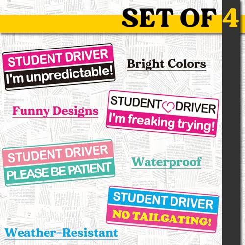 Image of 4-Pack Funny Student Driver Sticker (Non-Magnetic) for Car, Removable New Driver Car Decals for Bumper & Windows, Pink Rookie Safety Attention Sign -Please Be Patient- (Pink Colour Scheme -4 Pack)