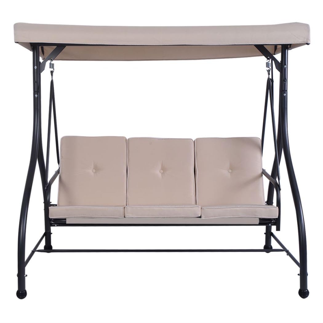SFAREST 3 Seater Swing Chair, Hammock Bench Garden Swing Seat with Adjustable Canopy and Cushions, Outdoor Hanging Rocking Chair for Balcony Backyard Poolside (Beige) — image 1