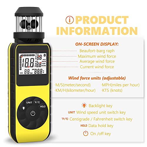 Anemometer Handheld, Digital Wind Cup Speed Meter, Anemometro Gr-881M Portable Air Flow Gauge W/Compass And Temp(℃/℉) Measure Air Velocity& Air Volume Current/Max/Avg Value For Boat Sailing Shooting #TOP4
