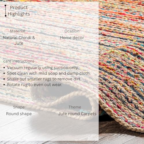 Image of Rounds Jute Carpet - Handwoven Natural Fiber Rug for Living Room, Bedroom, Entryway | Boho Chic Eco-Friendly Area Rug | Rustic Designer Floor Mat:-(Chindi & Jute, 6x6 feet