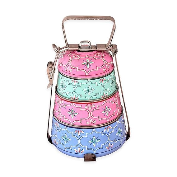 Image of iHandikart Handpainted Decorative Lunch Box Tiffin | Multiple Tier Stainless Steel Food Box | Designer Indian Print Tiffin for School | Diwali Gift, Navratri Gift (Color - Multicolor)