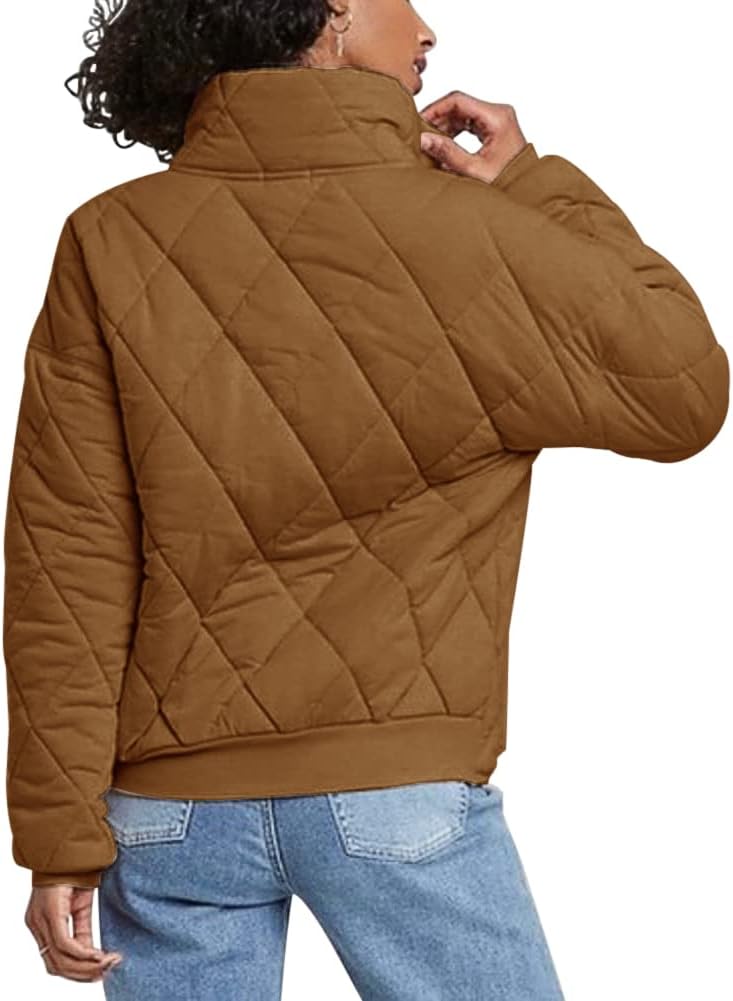 Fazortev Womens Dolman Quilted Jackets Casual Button Down Winter Long Sleeve Stand Neck Lightweight Warm Coat - Image 2