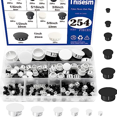 Image of Tnisesm 254Pcs 6 Sizes Nylon Plastic Hole Plug Kits 1 /5 inch 1 /4 inch 5 /16 inch 3 /8 inch 1 /2 inch 1 inch Round Drill Hole, Flush Type Panel Knockout Locking Plugs, Black Screw Covers for Furniture Cabinet Insert End Caps