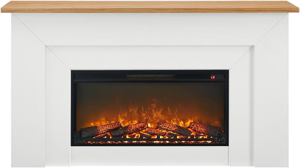 Bowery Hill 64" Freestanding Electric Fireplace with Wood Mantel, Realistic Flame and Log Display, Replaceable Heater Insert, Remote Control, and Built-in Timer for Living Rooms or Bedrooms