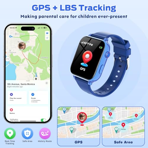 Image of 4G Kids Smart Watch with GPS Tracker, Video Call & Texting, Smart Watch for Kids with SIM Card, SOS, School Mode, HD Camera, Pedometer, Kid Watch Gift for Boys Girls Age 4-12, Bule
