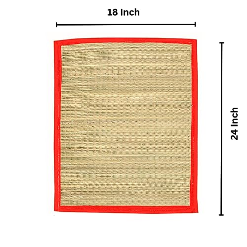 Image of Tgh Aasan Rectangular Mat For Sitting - Kusha Grass Aasan Korai Grass Mat For Pooja 24 X 18 Inch [Pack Of 1] Red