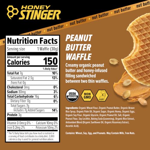 Image of Honey Stinger Organic Peanut Butter Waffle, Energy Stroopwafel for Exercise, Endurance and Performance, Sports Nutrition for Home & Gym, Pre & During Workout, 16.96 Ounces (Pack of 16)