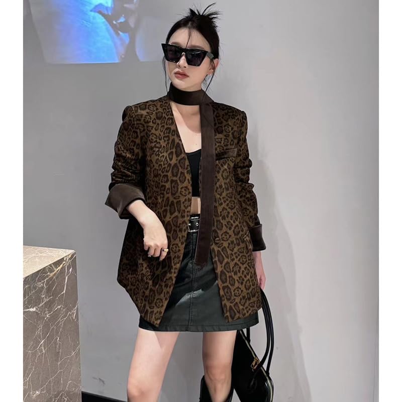 utcoco Women 2025 Trendy Leopard Blazers Business Casual Open Front Work Office Blazer Jacket with Belt2