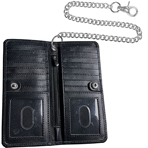Image of CLASSIC Motorcycle Chain Wallet for Men - Premium Cowhide Leather, RFID Bi-Fold Biker Wallet with Heavy Duty Chain for Bikers Truckers & Hunters, Credit Card Money Organizer Long Wallet Aniline Black