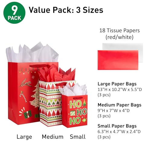 SUNCOLOR Christmas Gift Bags Assorted Sizes with Tissue Paper, 9 Pack, Red Holiday Theme Bags, Large 13x10.2, Medium 9x7, Small 6.3x4.7 inches - Thumbnail 2