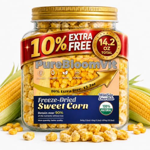 WildSap Emeralds Freeze Dried Corn - 13.2 oz Large Can/Bag 1 Ingredient Only Hand-Crafted Super Sweet Dehydrated Corn No Additives & Non-GMO Healthy Crunchy Vegetable Snack for Kids & Baking