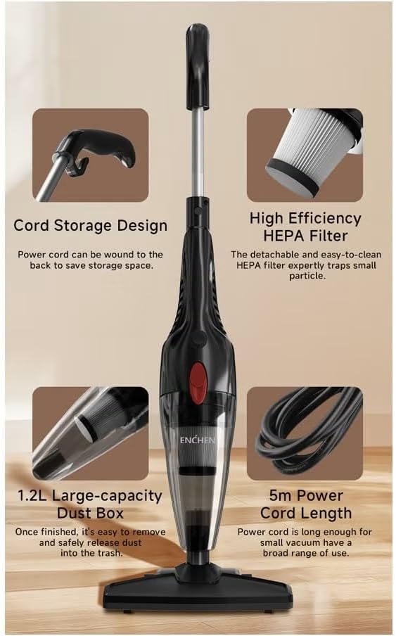 Image showing key features of the Enchen V1 vacuum: cord storage, HEPA filter, 1.2L dust box, and 5m power cord.
