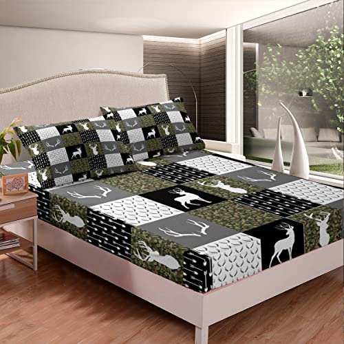 Camo Antler Silhouette Kids Sheet Set,Geometric Check Arrows Boho Bedding Set,Wild Animals Hunting Rustic Bed Sheets,Camouflage Green Home Bedroom Decor,Twin 1 Fitted Sheet+1 Pillow Sham+1 Flat Sheet #TOP2