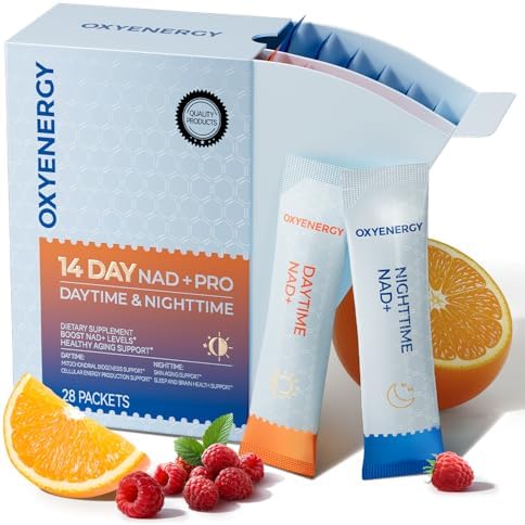 OxyEnergy NAD Supplement 1550 mg-Daytime Nicotinamide Riboside + Nighttime L-Tryptophan with Resveratrol, Glutathione, PQQ, 24-Hour Nonstop Energy, Anti-Aging & Cellular Renewal, 28 Packets