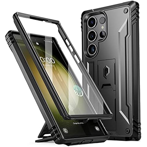 Poetic Revolution Case Compatible with Galaxy S23 Ultra 5G 6.8 inch, Full Body Rugged Shockproof Protective Cover Case with Kickstand, Built-in Screen Protector Work with Fingerprint ID, Black Cover