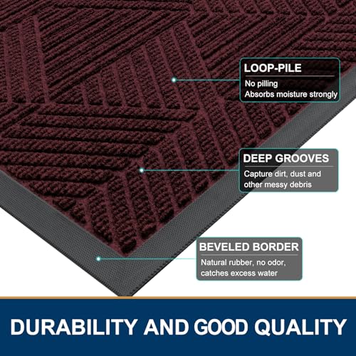 Smiry Front Door Mat Outside Entrance, Heavy Duty Sturdy Natural Rubber Doormat, Trap Dirt and Moisture, Easy Clean Low Profile Welcome Floor Mats for Indoor Outdoor Entry, 36x24 Inch, Dark Red