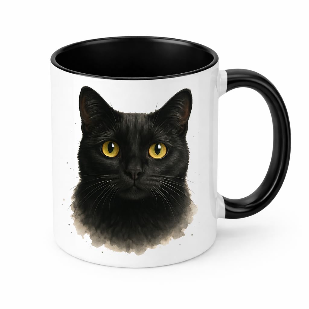 Brew Crew Gifts Black Cat Watercolour Mug, White Ceramic, 11 oz, Dishwasher Safe, Microwave Safe, Yellow Eyes Design, Double-Sided Print (Black)