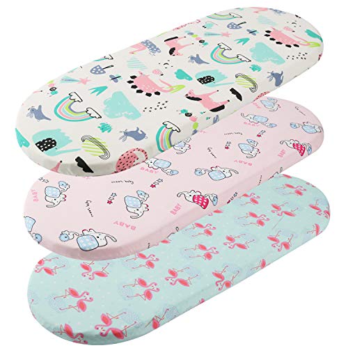 Image of Tontukatu Bassinet Sheet Set 3 Pack Jersey Knit Ultra Soft Flexible Breathable Baby Girl Boy Fit for Halo, MiClassic, Chicco Lullago Mattress and More Flamingo Elephant Horse Lt Green Pink