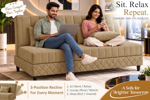 Image of Three Seater Velvet Sofa Cum Bed, Tufted Convertible Sleeper Couch, Space-Saving Design, Comfortable Cushioned Seating - Golden