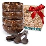 Jungle Culture 4 Polished Coconut Bowl & Wooden Spoons Set with Bamboo Straws • Smoothie Bowls Ideal for Ninja Creami • Healthy Yoghurt & Acai Bowls • Natural Coco Shell Eco Friendly Vegan Gifts