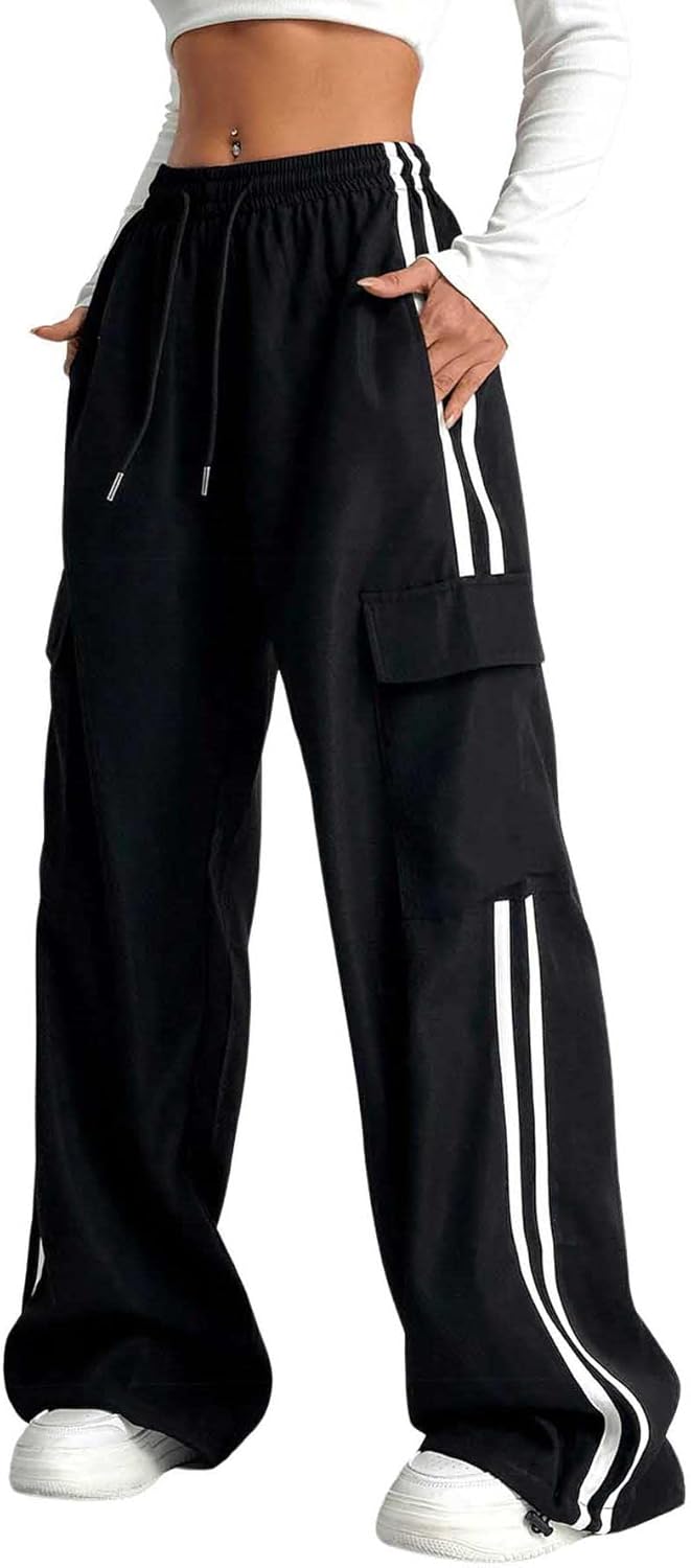 Verdusa Women's Cargo Pants Baggy Straight Wide Leg Track Pants Striped Joggers with Pockets Athletic Streetwear Large Black