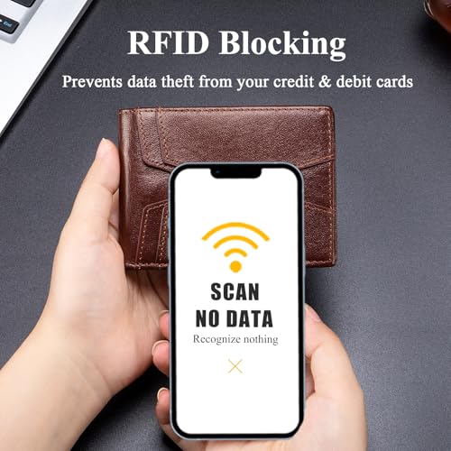 Image of Front Pocket Wallet for Men Slim Lightweight RFID Blocking Genuine Leather Bifold Thin Wallet with 10 Card Slots, Brown