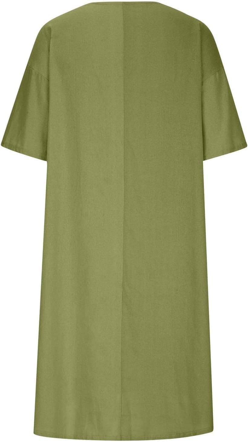 Womens Cotton Linen Midi Dress Summer Beach Casual Dresses V Neck Shift Dress Loose Fit Trapeze Dress - Image 4