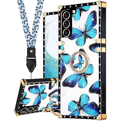 Loheckle for Samsung Galaxy S21 Case for Women, Designer Cases for Galaxy S21 Case with Ring Stand Holder and Lanyard, Stylish Butterfly Luxury Cover for Samsung Galaxy S21 6.2 Inch Cover