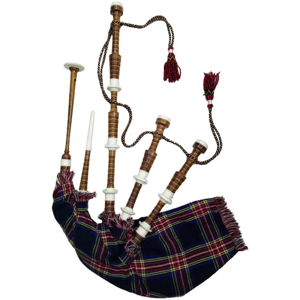TC Cornemuse écossaise Great Highland en palissandre imitation ivoire, marron naturel, plusieurs tartan prêt à jouer/gaita/dudelsack (tartan noir Stewart)