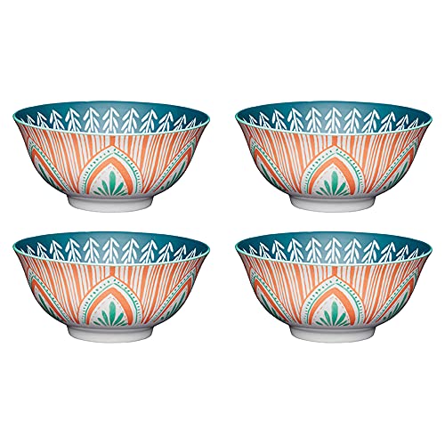 KitchenCraft Set of 4 Glazed Stoneware Bowls with Mediterranean Leaf & Stripe Pattern, Green & Pink Ceramic Bowls with Footed Base, Microwave & Dishwasher Safe, 15.7 cm (6")