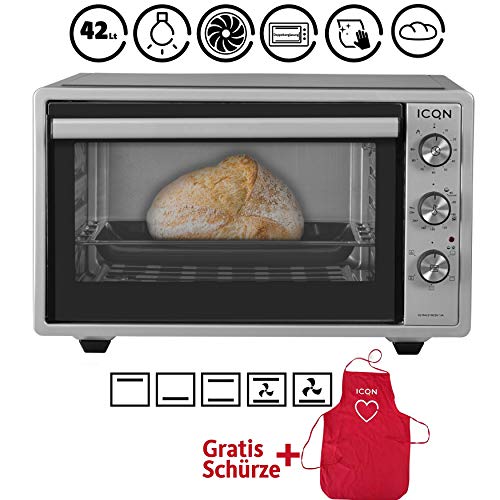 ICQN mini horno con aire forzado | Horno de pizza | Mini horno | Iluminación interior Doble acristalamiento | Función de temporizador | Esmaltado (Inox gris, 42 litros)