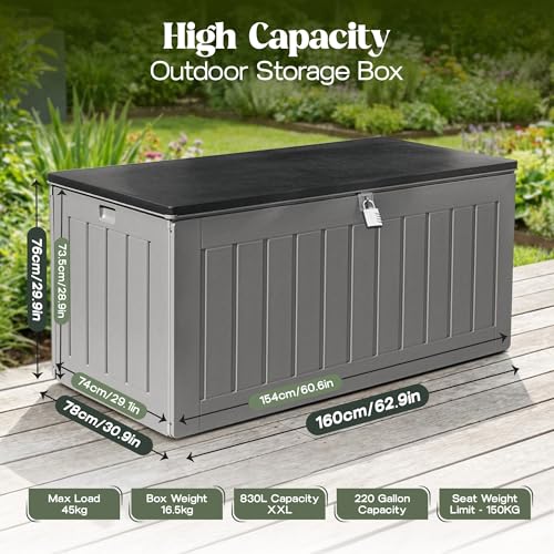 Olsen & Smith 830L Extra Large XL Outdoor Garden Storage Box - Weather Resistant Heavy Duty Garden Box Wood Effect with Padlock - Massive Capacity Storage Chest for Tools Cushions Toys & More, Grey - 2