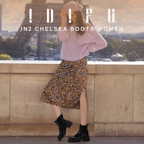 IDIFU IN2 Chelsea Boots Women Ankle Boots for Women Platform Low Heel Short Chunky Lug Sole Block Round Toe Boots Fall Dress Comfortable Fashion Booties for Women Elastic Heeled Boots2