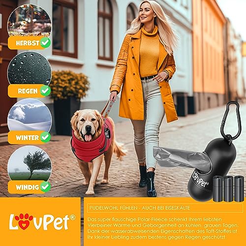 LOVPET® Hundejacke Hundemantel mit Geschirr, inkl. 45 Stück Kotbeutel + Spender, Hunde Winterweste gefüttert wasserdicht, Gepolsterte Weste Mit Brustgurt, Reflektoren, D-Ring L, Bordeaux Rot