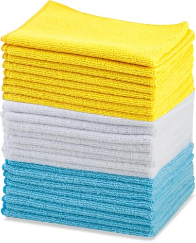 Image of Amazon Basics Microfiber Cleaning Cloths, Ultra Absorbent, Lint Free, Streak Free, Non-Abrasive, Reusable and Washable, 16 inch x 12 inch, Blue /White /Yellow, (Pack of 288)
